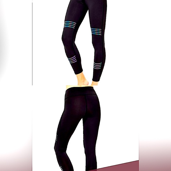 BCBG Leggings black rainbow reflective panels Waist Pocket - Picture 2 of 6